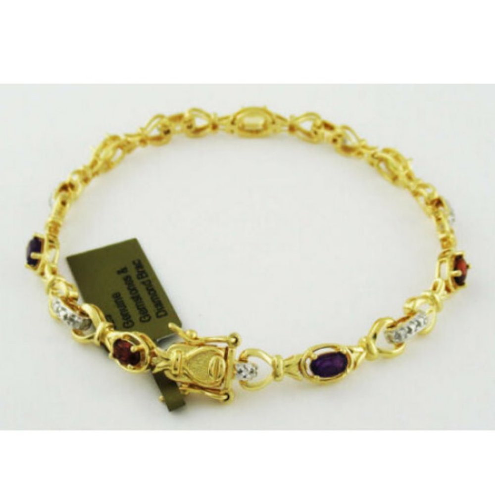 GENUINE AMETHYST, GARNET, AQUA, YELLOW TOPAZ & DIAMONDS BRACELET .925 SILVER